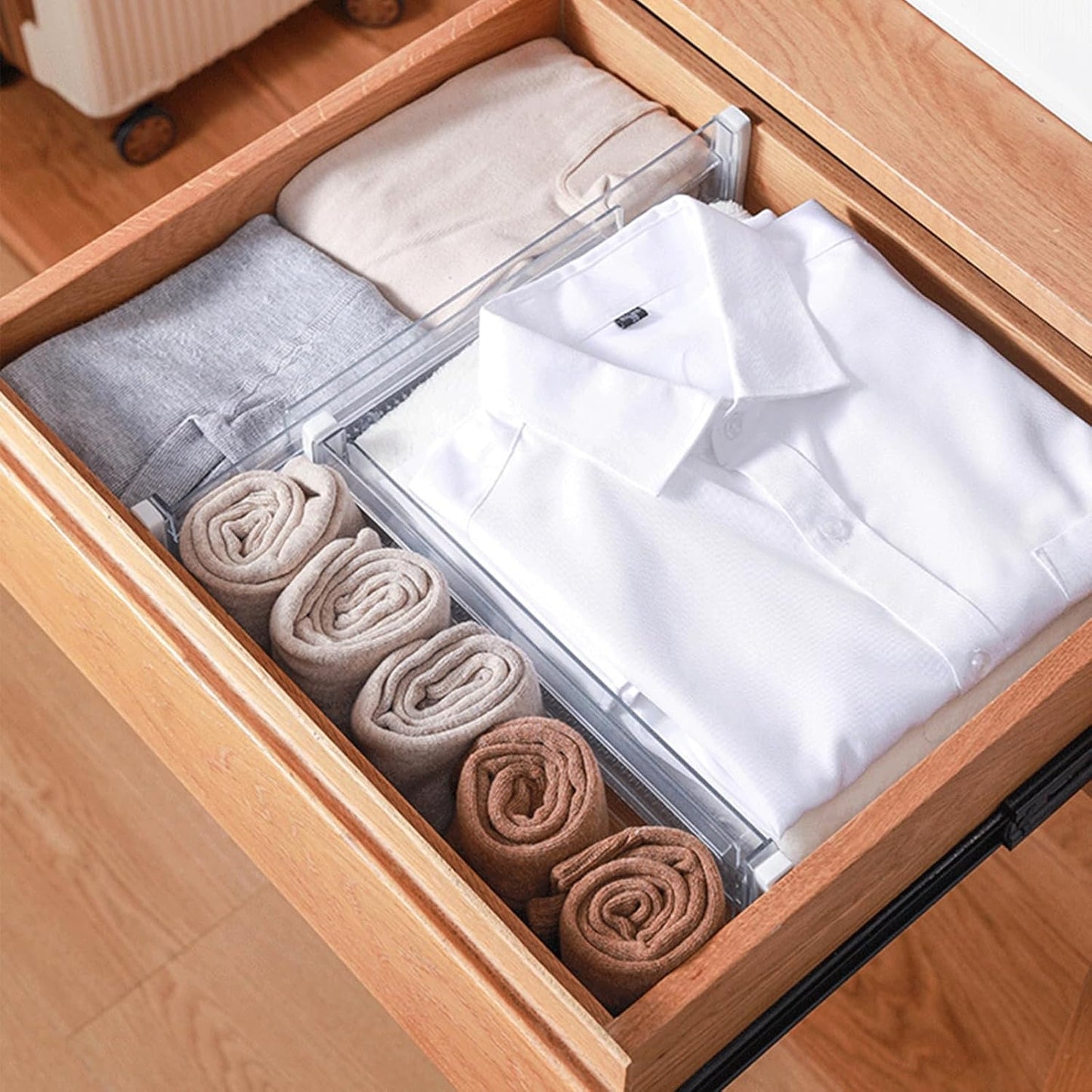 18 Pack Clear Acrylic Drawer Dividers 3.5" High,11-20" Adjustable Drawer Organizers for Clothes, Clear Plastic Separators for Dresser for Bedroom Office Kitchen Storage