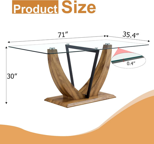71" Glass Dining Table for 6, Modern Kitchen Table with Tempered Glass Tabletop, Elegant Dining Room Table for Kitchen or Dining Area