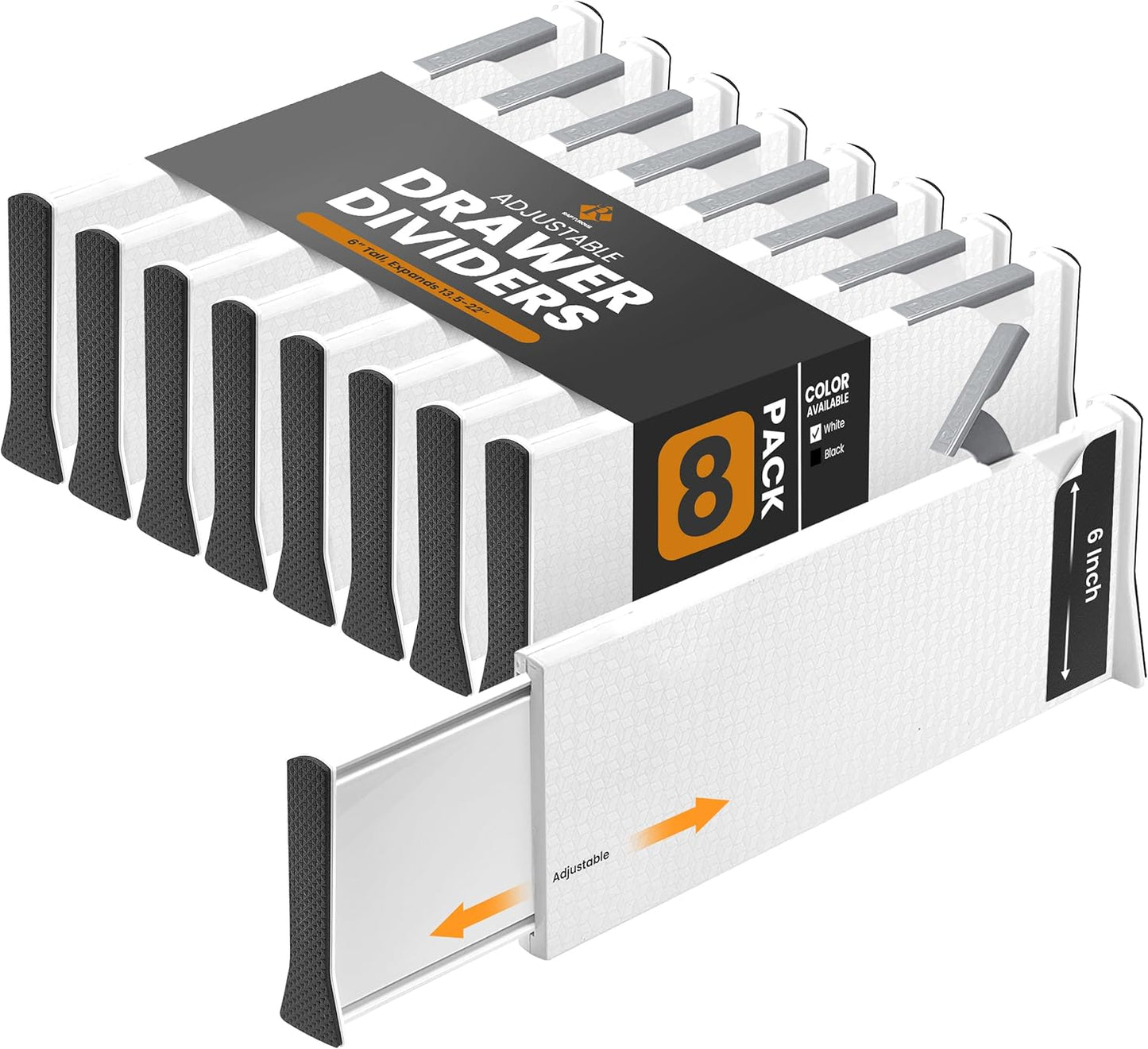 RAPTUROUS Adjustable Drawer Dividers, 8" Tall, Expandable 13.35-22", 6-Pack, Non-Slip for Deep Drawers in Kitchen, Bedroom, and Closet (White)