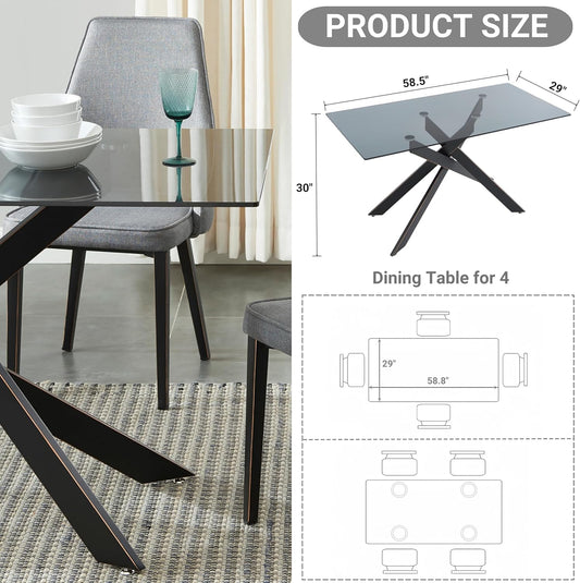 Modern Style Dining Table with Gray Tempered Glass Top and Black Metal Tubular Legs, 58.5”Lx29”Wx30”H