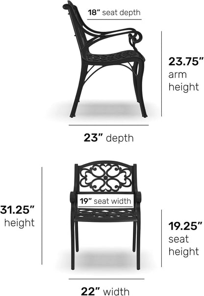 Homestyles Sanibel Black Stationary Cast Aluminum Outdoor Dining Chair (2-Pack), 2 Piece Patio Chairs, Set of 2 Garden Chairs with Armrest & Backrest for Garden Patio Pool Beach Yard, Black