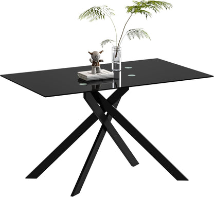 Glass Dining Table for 4 People, 51.2 Inches Rectangular Glass Kitchen Table with Black Steel Legs, Modern Dining Room Table for Dinner Kitchen Dining Room
