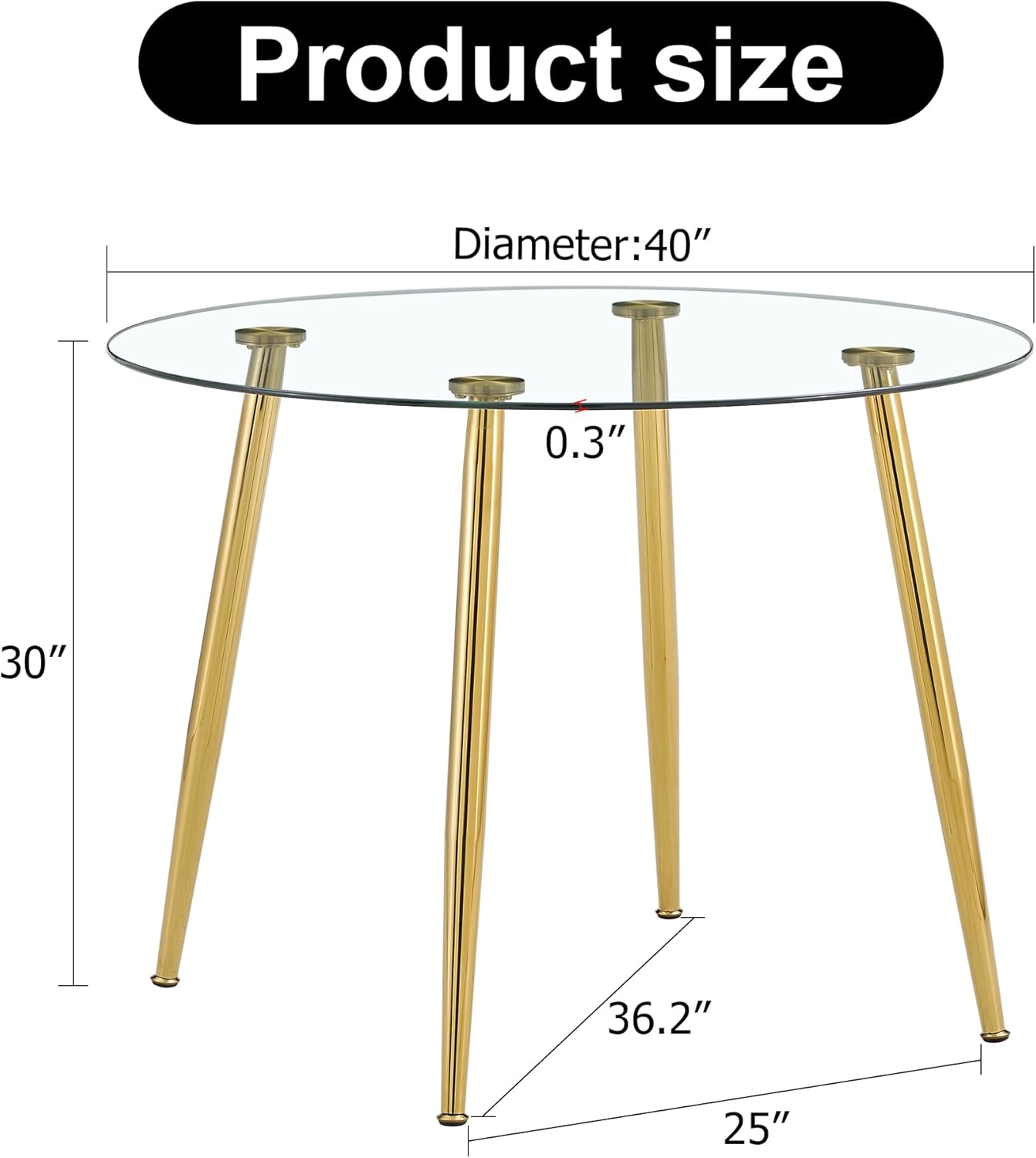 gopop Round Glass Dining Table,Modern Round Kitchen Table for 4,Gold Kitchen Table with 0.31-Inch Thick Glass Top,Small Dining Room Table for Apartment Living Room(Plating Metal Legs)