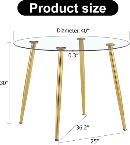gopop Round Glass Dining Table,Modern Round Kitchen Table for 4,Gold Kitchen Table with 0.31-Inch Thick Glass Top,Small Dining Room Table for Apartment Living Room(Plating Metal Legs)