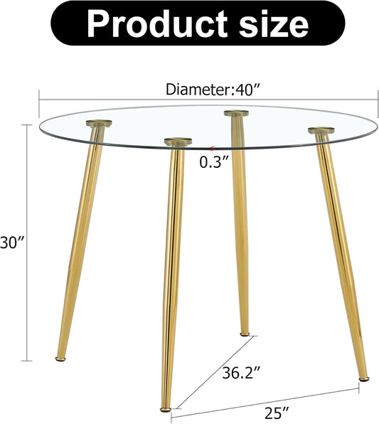gopop Round Glass Dining Table,Modern Round Kitchen Table for 4,Gold Kitchen Table with 0.31-Inch Thick Glass Top,Small Dining Room Table for Apartment Living Room(Plating Metal Legs)
