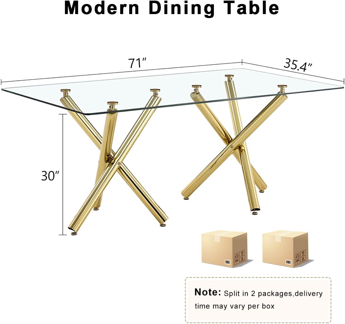71 in Glass Dining Table,Gold Dining Table for 6-8，Large Size Kitchen and Dining Room Table with Tempered Glass top and Gold Metal Legs, Modern Rectangular Dining Table (Golden)