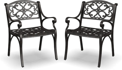 Homestyles Sanibel Black Stationary Cast Aluminum Outdoor Dining Chair (2-Pack), 2 Piece Patio Chairs, Set of 2 Garden Chairs with Armrest & Backrest for Garden Patio Pool Beach Yard, Black