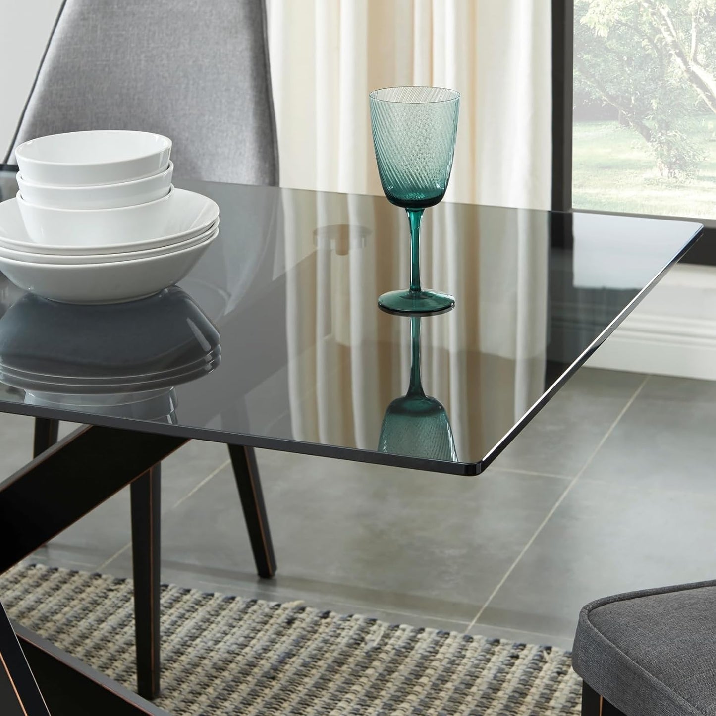 Modern Style Dining Table with Gray Tempered Glass Top and Black Metal Tubular Legs, 58.5”Lx29”Wx30”H