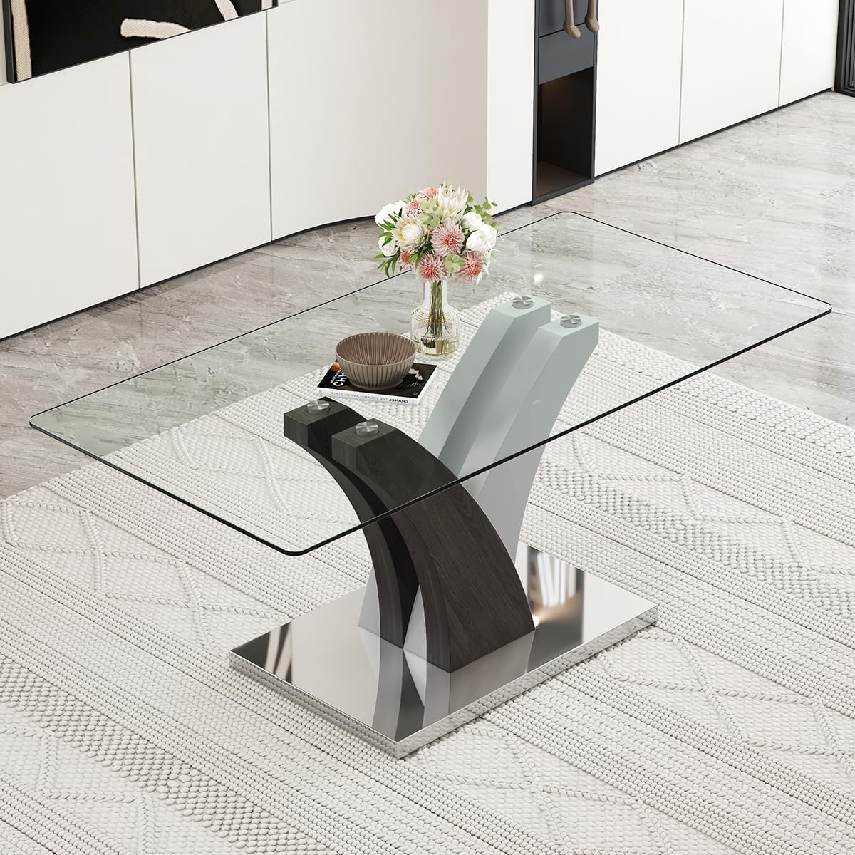 71" Glass Dining Table for 6, Modern Kitchen Table with Tempered Glass Tabletop, Elegant Dining Room Table for Kitchen or Dining Area