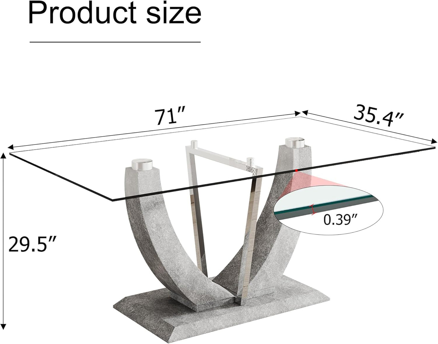 71" Modern Glass Dining Table for 6, Tempered Glass Top, Grey Base, Rectangular Shape, 6 Seater, Indoor Use, Requires Assembly