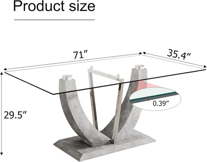 71" Modern Glass Dining Table for 6, Tempered Glass Top, Grey Base, Rectangular Shape, 6 Seater, Indoor Use, Requires Assembly