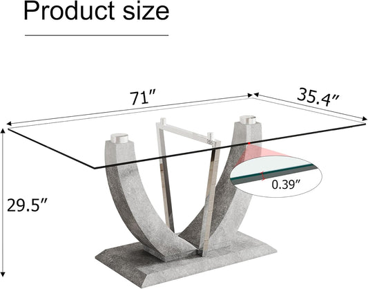 71" Modern Glass Dining Table for 6, Tempered Glass Top, Grey Base, Rectangular Shape, 6 Seater, Indoor Use, Requires Assembly