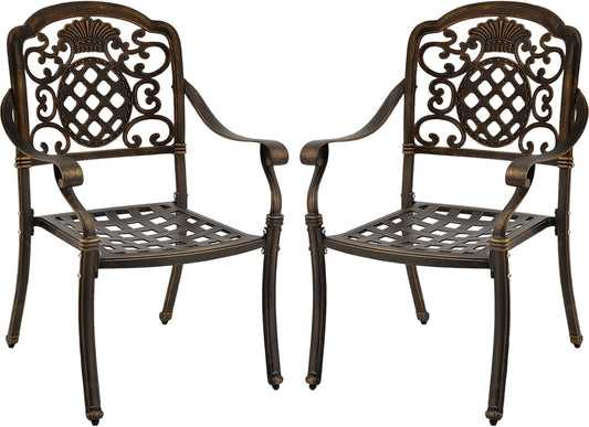 Set of 2 Cast Aluminum Patio Dining Chairs, Outdoor Bistro Stackable Chairs with Armrest, Patio Chair with Adjustable Feet, for Balcony, Backyard, Garden (Bronze, Without Cushion)