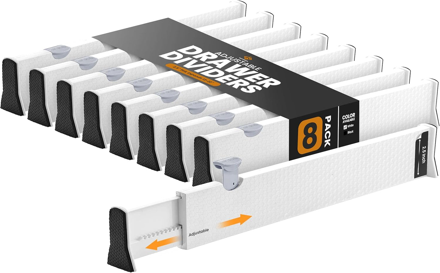 RAPTUROUS Adjustable Drawer Dividers, 8" Tall, Expandable 13.35-22", 6-Pack, Non-Slip for Deep Drawers in Kitchen, Bedroom, and Closet (White)