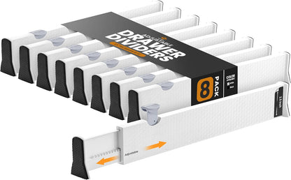 RAPTUROUS Adjustable Drawer Dividers, 8" Tall, Expandable 13.35-22", 6-Pack, Non-Slip for Deep Drawers in Kitchen, Bedroom, and Closet (White)