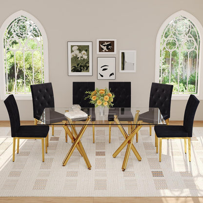 71 in Glass Dining Table,Gold Dining Table for 6-8，Large Size Kitchen and Dining Room Table with Tempered Glass top and Gold Metal Legs, Modern Rectangular Dining Table (Golden)