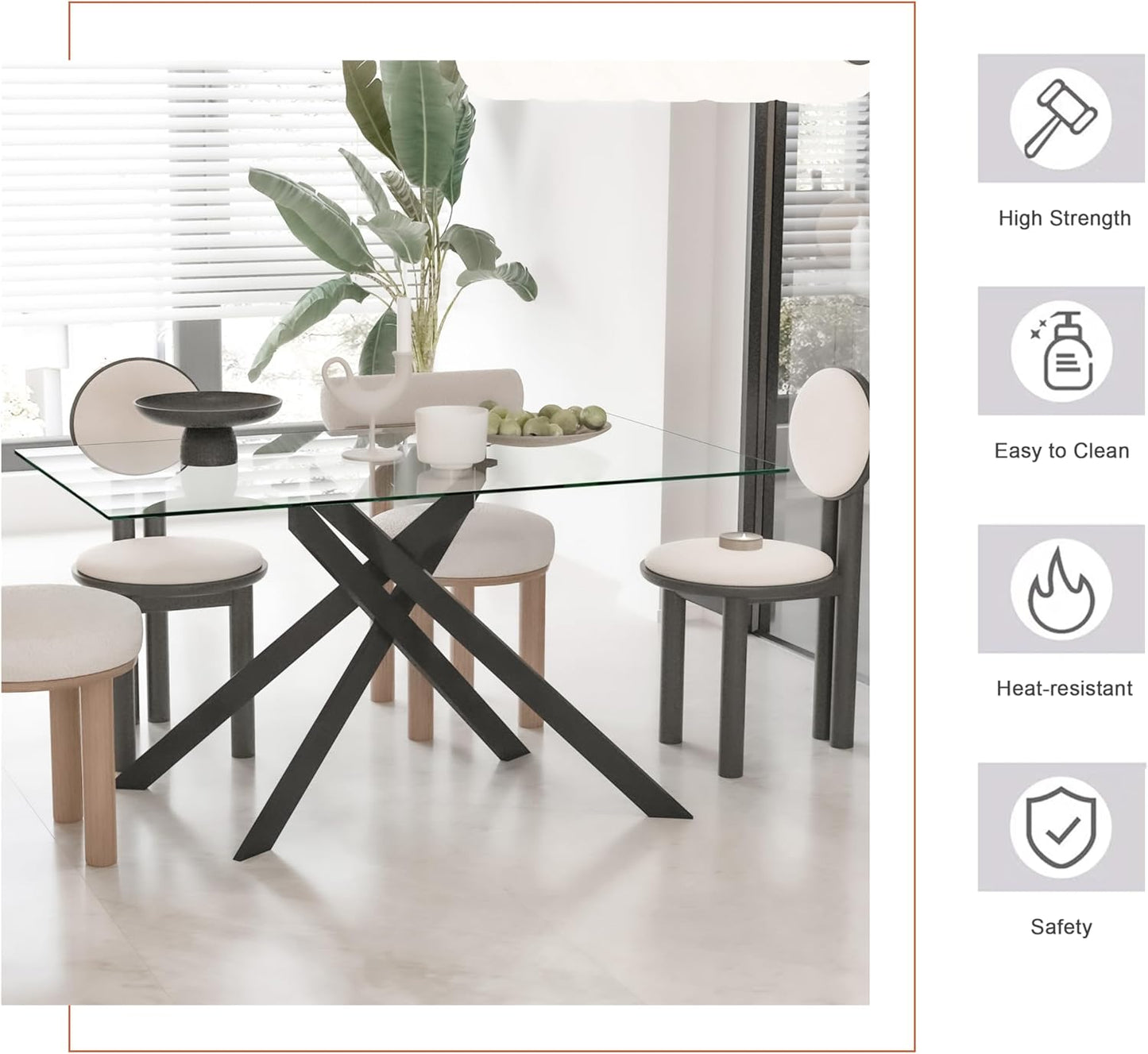 Glass Dining Table for 4 People, 51.2 Inches Rectangular Glass Kitchen Table with Black Steel Legs, Modern Dining Room Table for Dinner Kitchen Dining Room