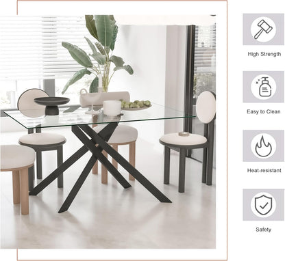 Glass Dining Table for 4 People, 51.2 Inches Rectangular Glass Kitchen Table with Black Steel Legs, Modern Dining Room Table for Dinner Kitchen Dining Room