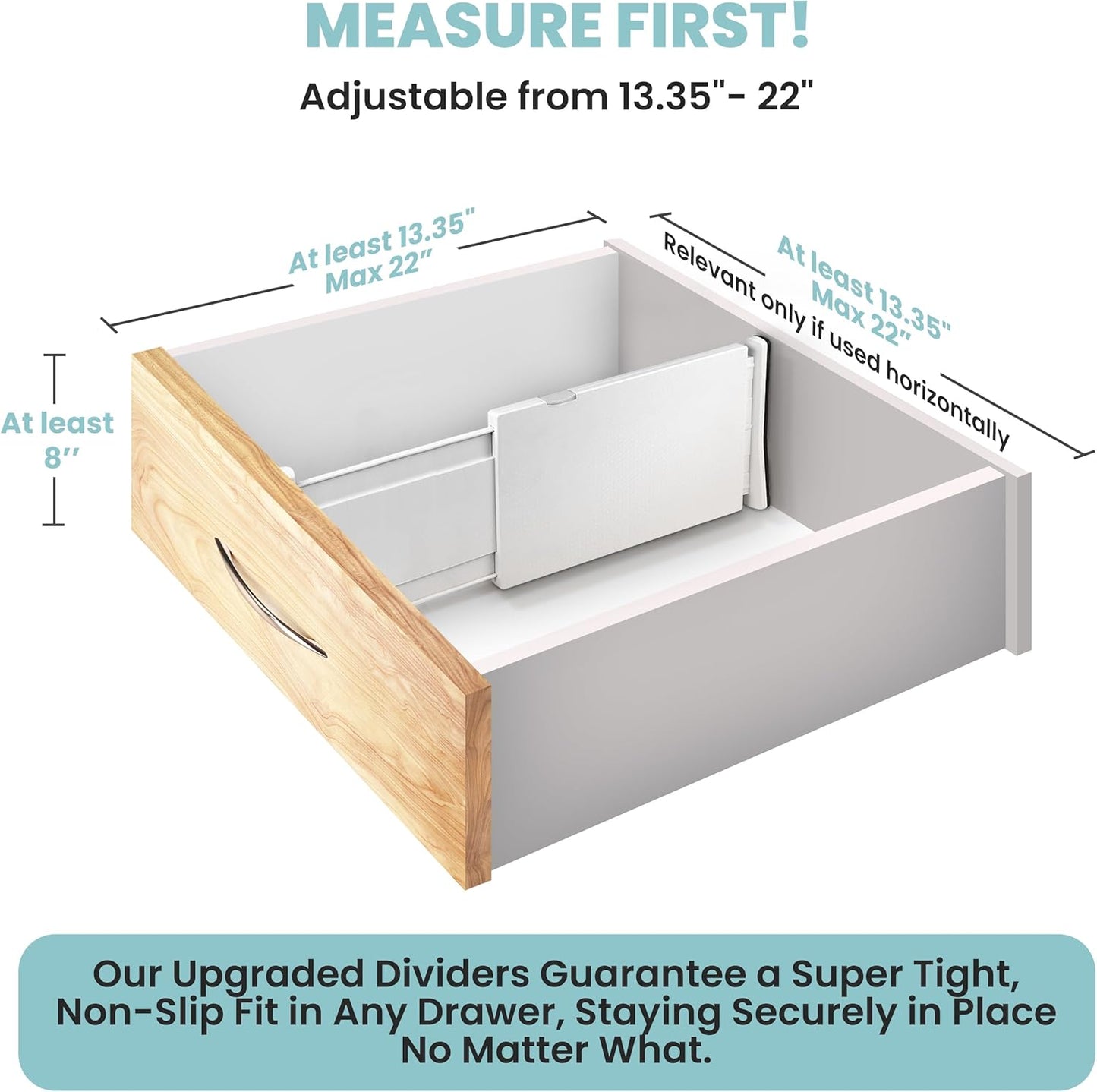 RAPTUROUS Adjustable Drawer Dividers, 8" Tall, Expandable 13.35-22", 6-Pack, Non-Slip for Deep Drawers in Kitchen, Bedroom, and Closet (White)