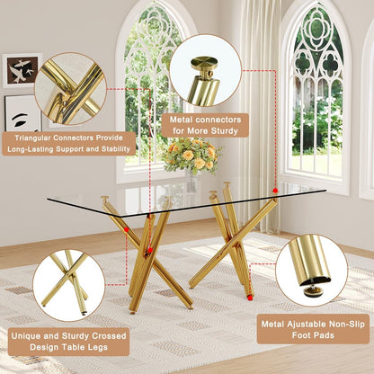 71 in Glass Dining Table,Gold Dining Table for 6-8，Large Size Kitchen and Dining Room Table with Tempered Glass top and Gold Metal Legs, Modern Rectangular Dining Table (Golden)