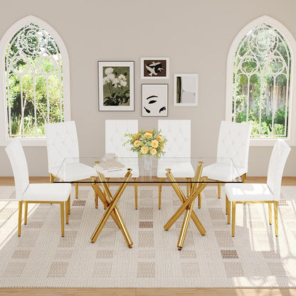 71 in Glass Dining Table,Gold Dining Table for 6-8，Large Size Kitchen and Dining Room Table with Tempered Glass top and Gold Metal Legs, Modern Rectangular Dining Table (Golden)