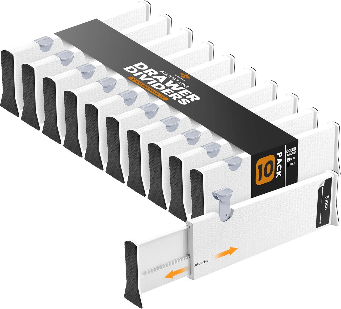 RAPTUROUS Adjustable Drawer Dividers, 8" Tall, Expandable 13.35-22", 6-Pack, Non-Slip for Deep Drawers in Kitchen, Bedroom, and Closet (White)