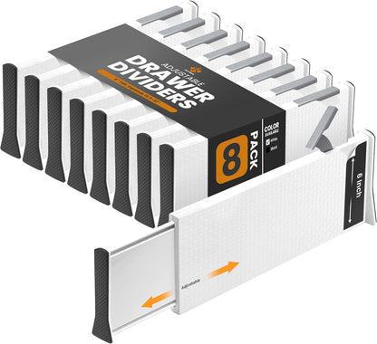 RAPTUROUS Adjustable Drawer Dividers, 8" Tall, Expandable 13.35-22", 6-Pack, Non-Slip for Deep Drawers in Kitchen, Bedroom, and Closet (White)