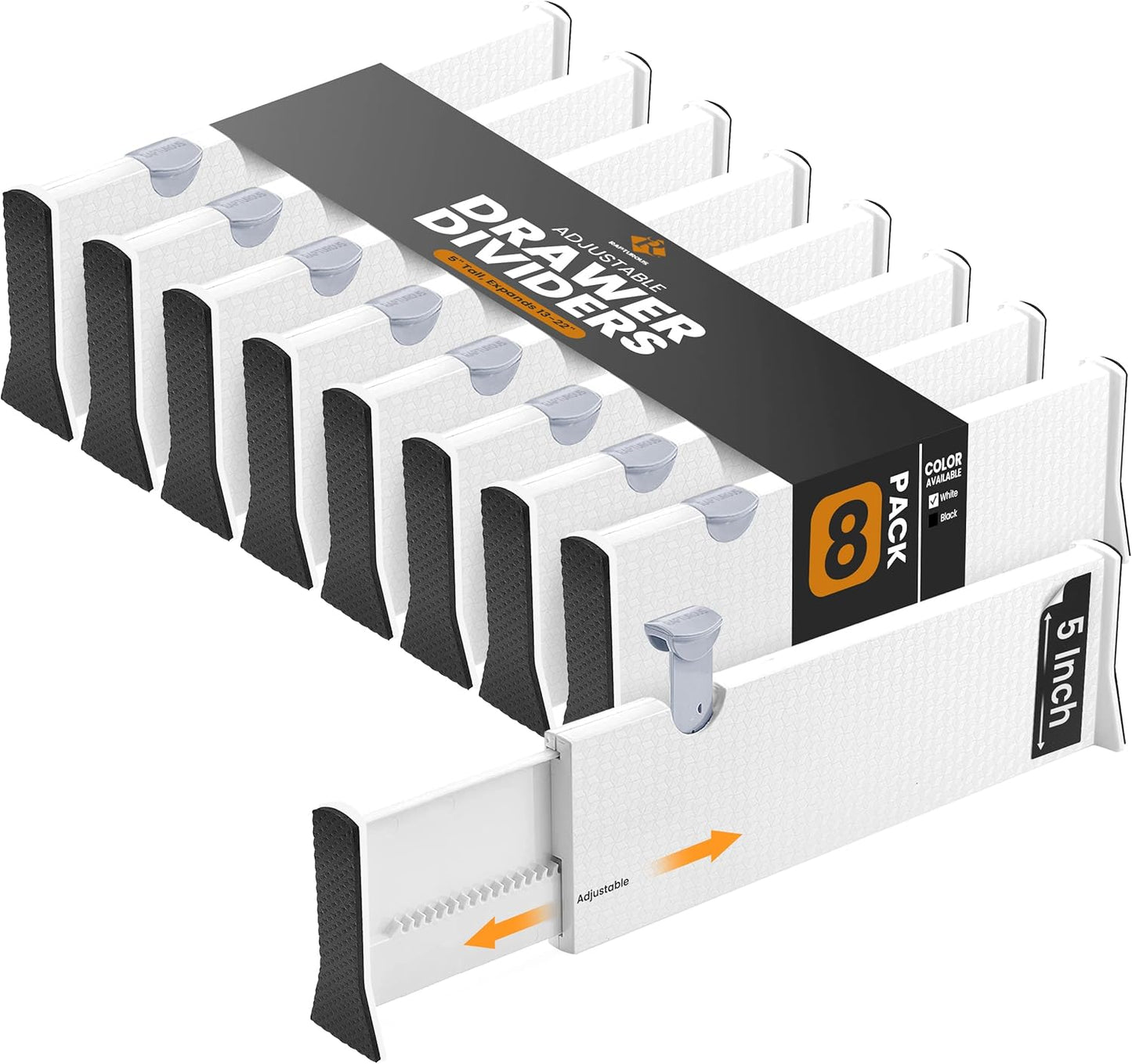 RAPTUROUS Adjustable Drawer Dividers, 8" Tall, Expandable 13.35-22", 6-Pack, Non-Slip for Deep Drawers in Kitchen, Bedroom, and Closet (White)