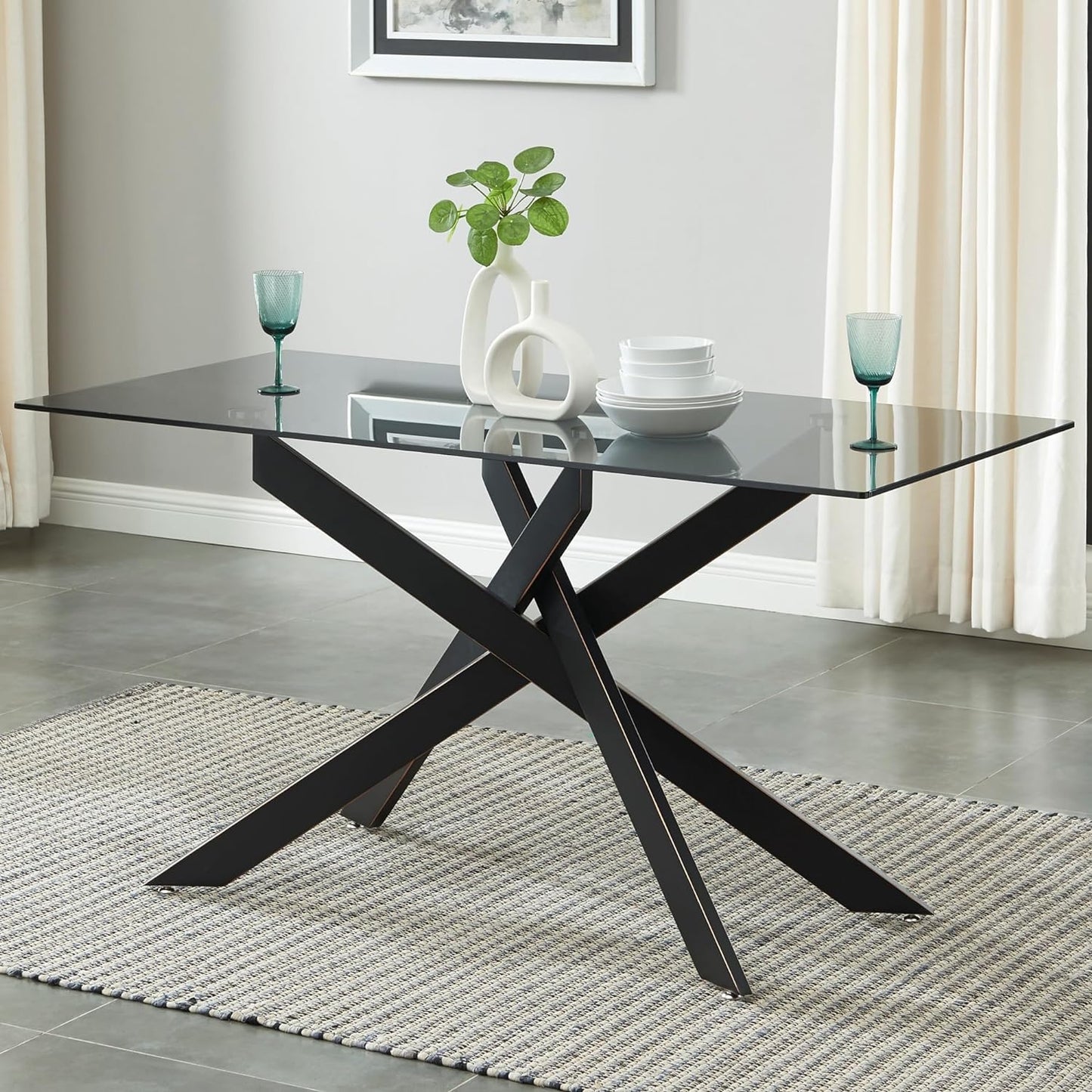 Modern Style Dining Table with Gray Tempered Glass Top and Black Metal Tubular Legs, 58.5”Lx29”Wx30”H