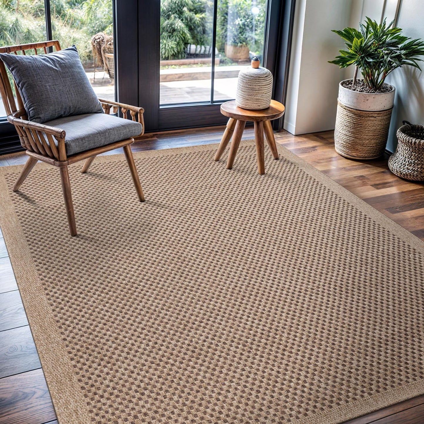 CAMILSON Easy Jute Rug 9x12, Indoor Outdoor Natural Color Fiber Area Rugs for Living Room and Patio Rug Herringbone Seagrass Boho Woven Design Easy-Cleaning Washable Outside Carpet Alfombras 9 x 12