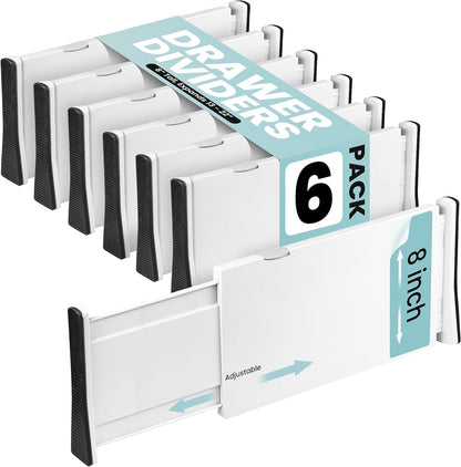 RAPTUROUS Adjustable Drawer Dividers, 8" Tall, Expandable 13.35-22", 6-Pack, Non-Slip for Deep Drawers in Kitchen, Bedroom, and Closet (White)