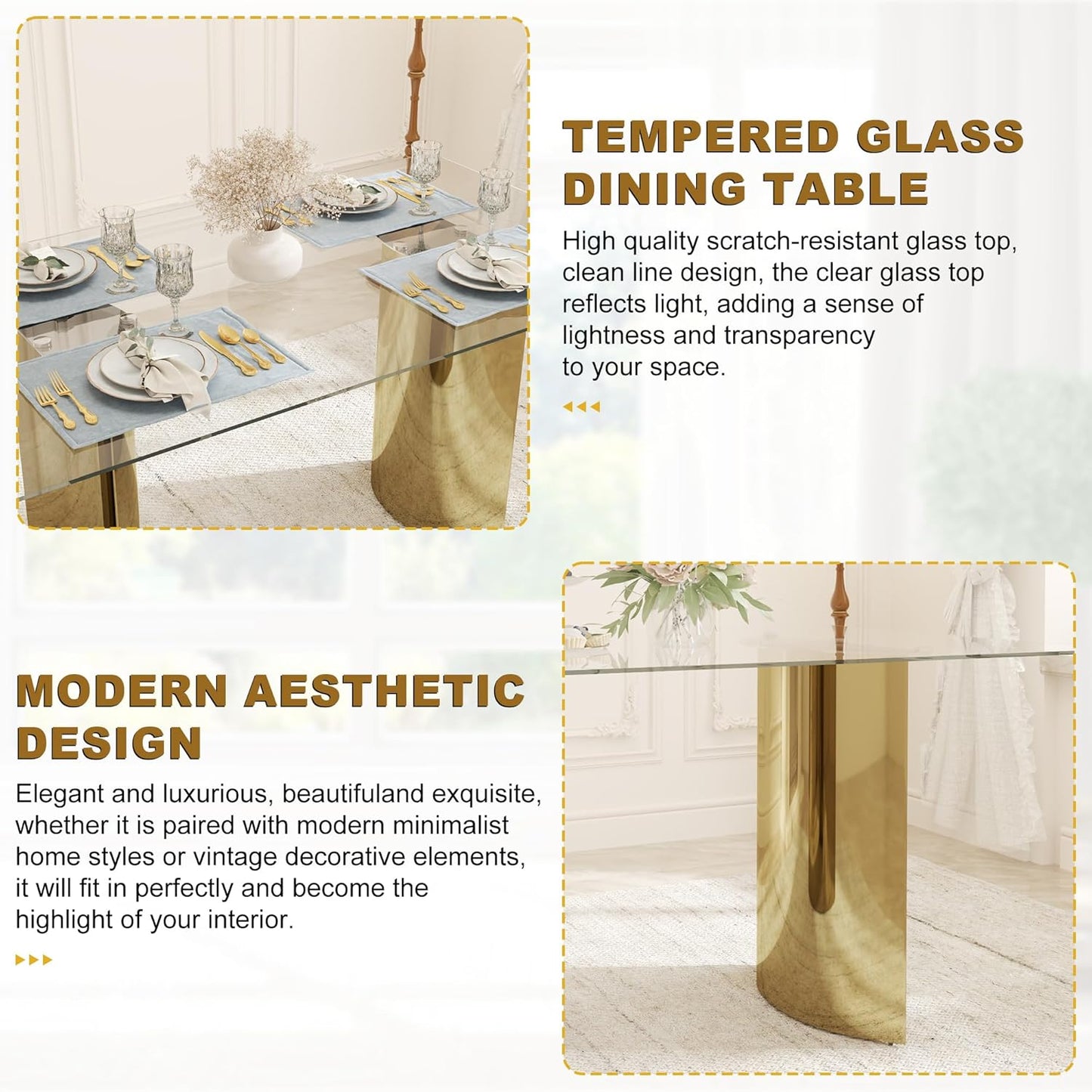 63“ Modern Dining Table, Elegant Tempered Glass Kitchen Table with Gold Stainless Steel Base, Rectangular Glass Dinner Table for Home Office, Living Room Furniture, Easy Assembly