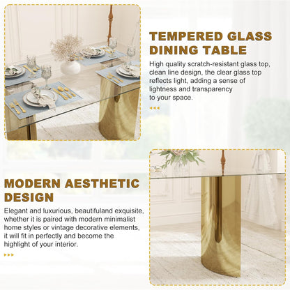 63“ Modern Dining Table, Elegant Tempered Glass Kitchen Table with Gold Stainless Steel Base, Rectangular Glass Dinner Table for Home Office, Living Room Furniture, Easy Assembly