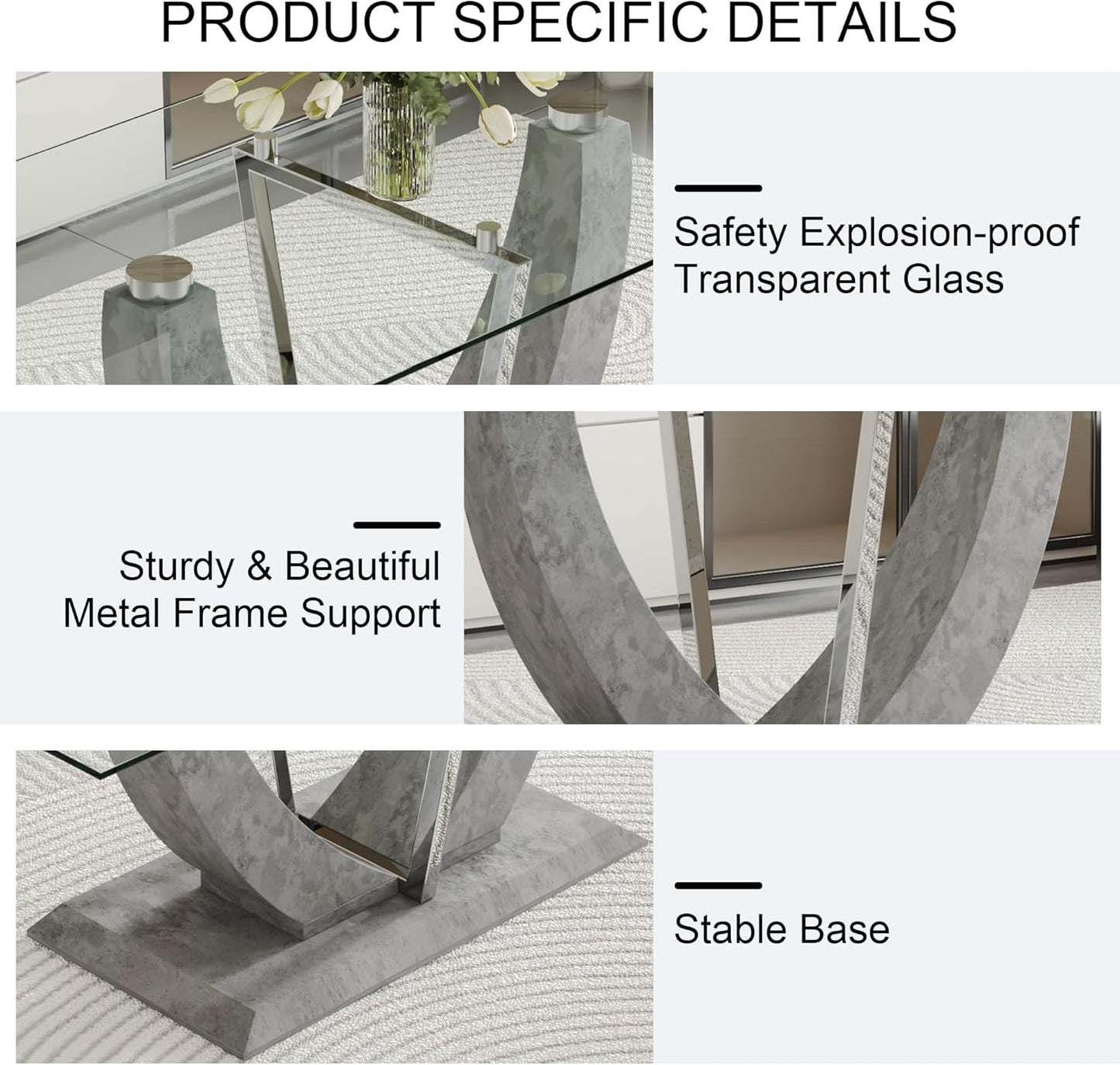 71" Modern Glass Dining Table for 6, Tempered Glass Top, Grey Base, Rectangular Shape, 6 Seater, Indoor Use, Requires Assembly