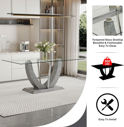 71" Modern Glass Dining Table for 6, Tempered Glass Top, Grey Base, Rectangular Shape, 6 Seater, Indoor Use, Requires Assembly