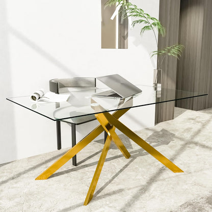 Glass Dining Table for 4 People, 51.2 Inches Rectangular Glass Kitchen Table with Black Steel Legs, Modern Dining Room Table for Dinner Kitchen Dining Room