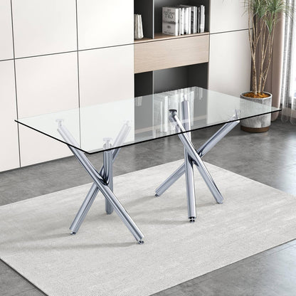 71 in Glass Dining Table,Gold Dining Table for 6-8，Large Size Kitchen and Dining Room Table with Tempered Glass top and Gold Metal Legs, Modern Rectangular Dining Table (Golden)