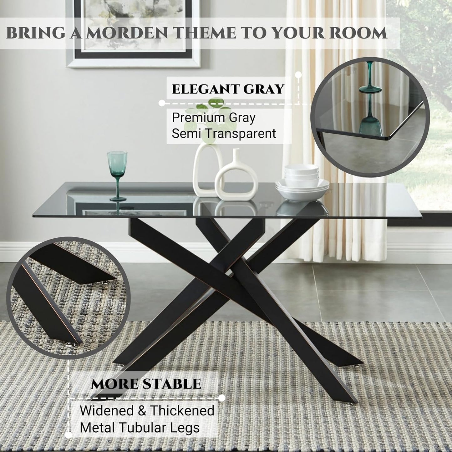 Modern Style Dining Table with Gray Tempered Glass Top and Black Metal Tubular Legs, 58.5”Lx29”Wx30”H