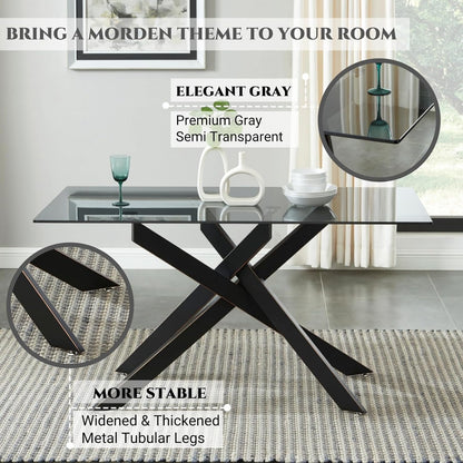 Modern Style Dining Table with Gray Tempered Glass Top and Black Metal Tubular Legs, 58.5”Lx29”Wx30”H
