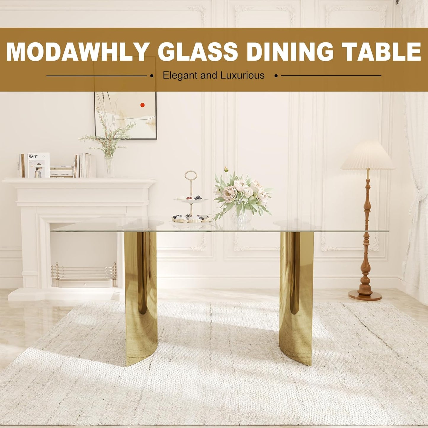 63“ Modern Dining Table, Elegant Tempered Glass Kitchen Table with Gold Stainless Steel Base, Rectangular Glass Dinner Table for Home Office, Living Room Furniture, Easy Assembly