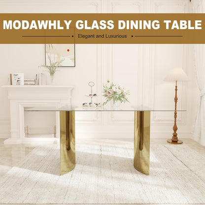 63“ Modern Dining Table, Elegant Tempered Glass Kitchen Table with Gold Stainless Steel Base, Rectangular Glass Dinner Table for Home Office, Living Room Furniture, Easy Assembly