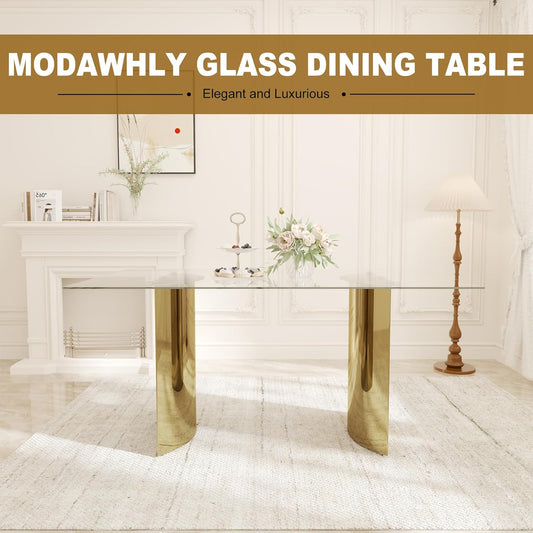 63“ Modern Dining Table, Elegant Tempered Glass Kitchen Table with Gold Stainless Steel Base, Rectangular Glass Dinner Table for Home Office, Living Room Furniture, Easy Assembly