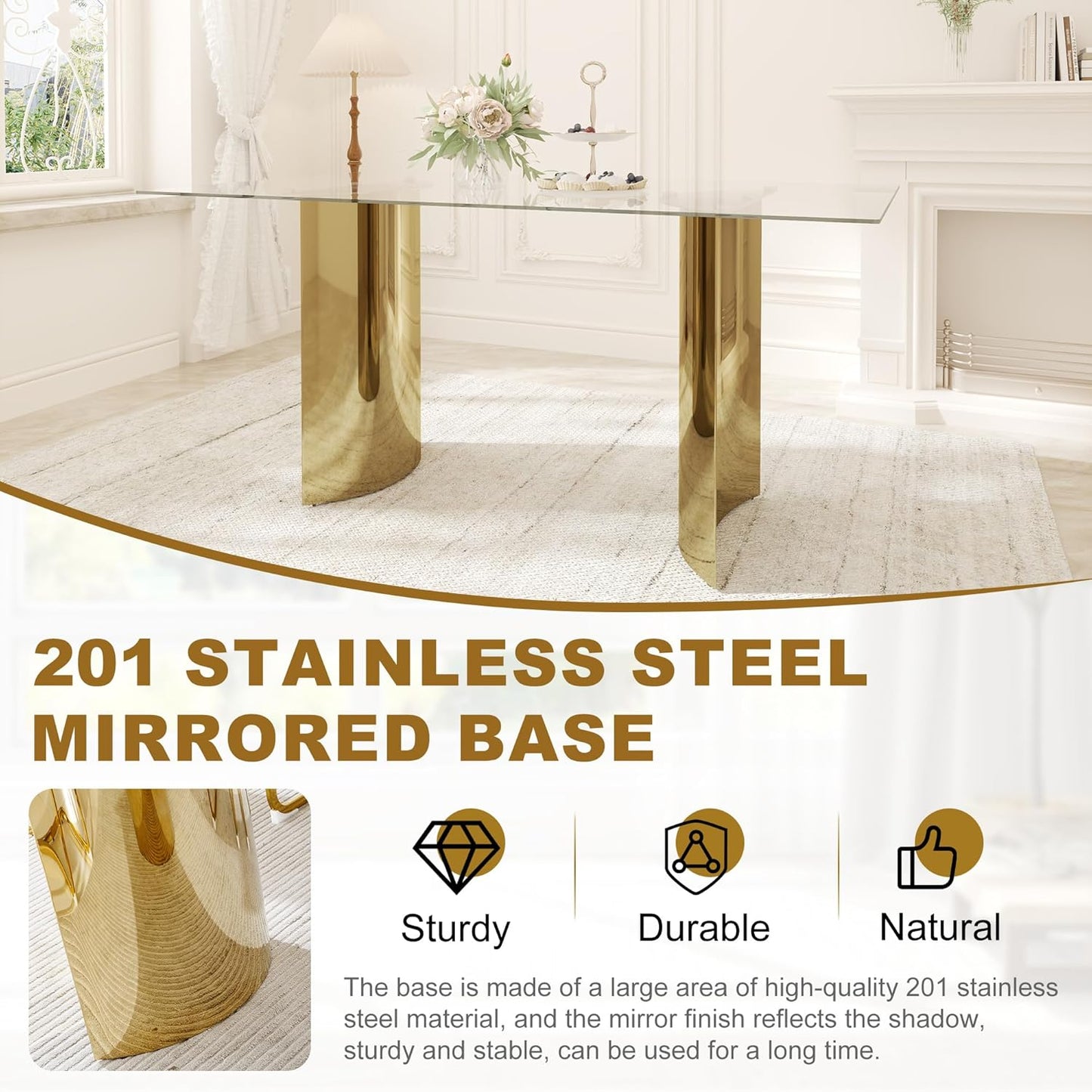 63“ Modern Dining Table, Elegant Tempered Glass Kitchen Table with Gold Stainless Steel Base, Rectangular Glass Dinner Table for Home Office, Living Room Furniture, Easy Assembly