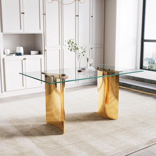 63“ Modern Dining Table, Elegant Tempered Glass Kitchen Table with Gold Stainless Steel Base, Rectangular Glass Dinner Table for Home Office, Living Room Furniture, Easy Assembly