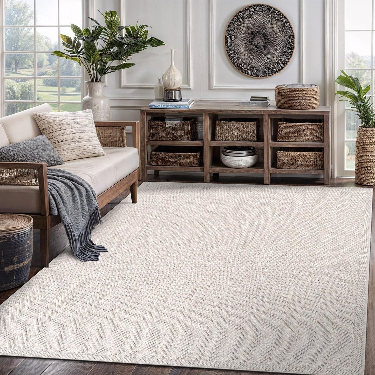 CAMILSON Easy Jute Rug 9x12, Indoor Outdoor Natural Color Fiber Area Rugs for Living Room and Patio Rug Herringbone Seagrass Boho Woven Design Easy-Cleaning Washable Outside Carpet Alfombras 9 x 12