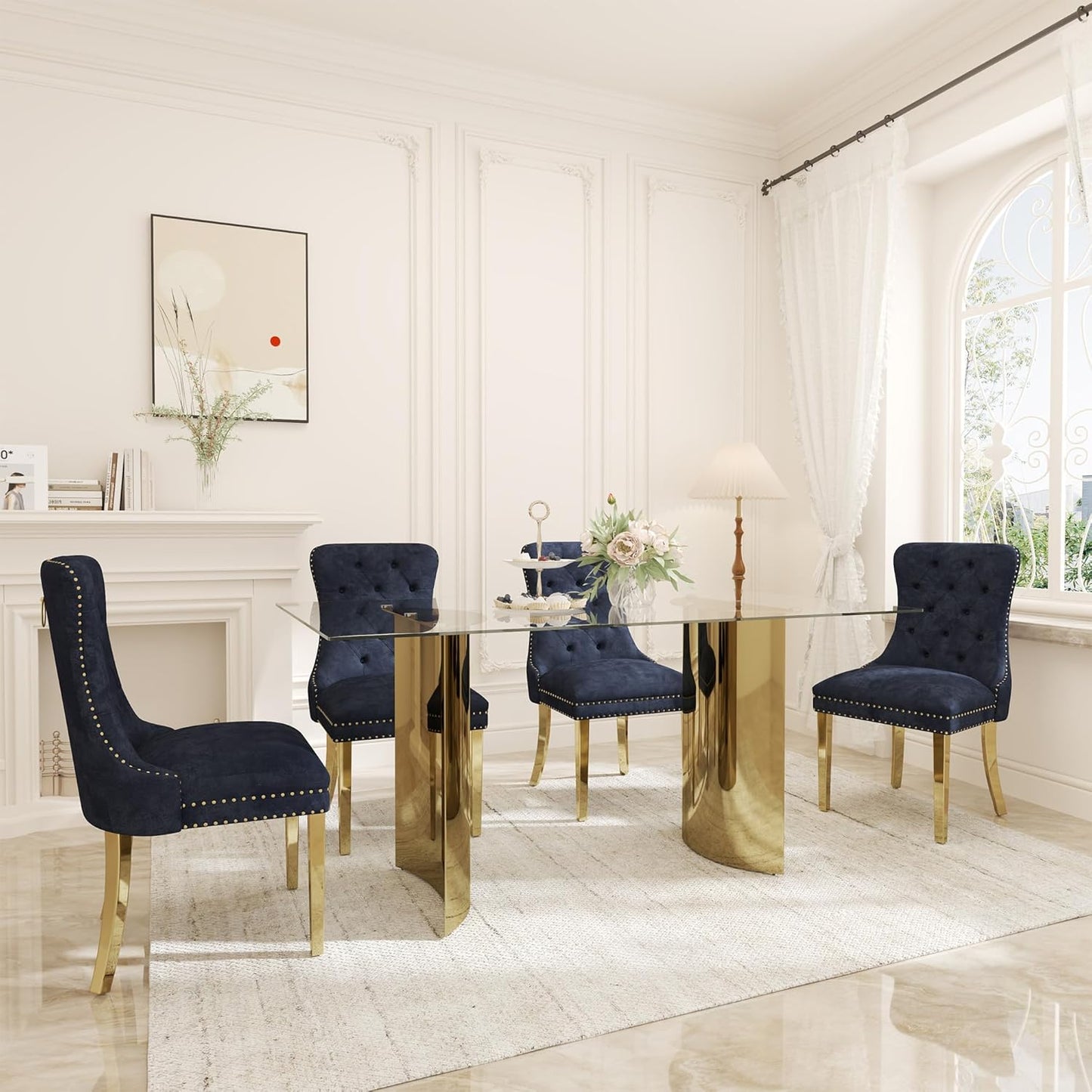 63“ Modern Dining Table, Elegant Tempered Glass Kitchen Table with Gold Stainless Steel Base, Rectangular Glass Dinner Table for Home Office, Living Room Furniture, Easy Assembly