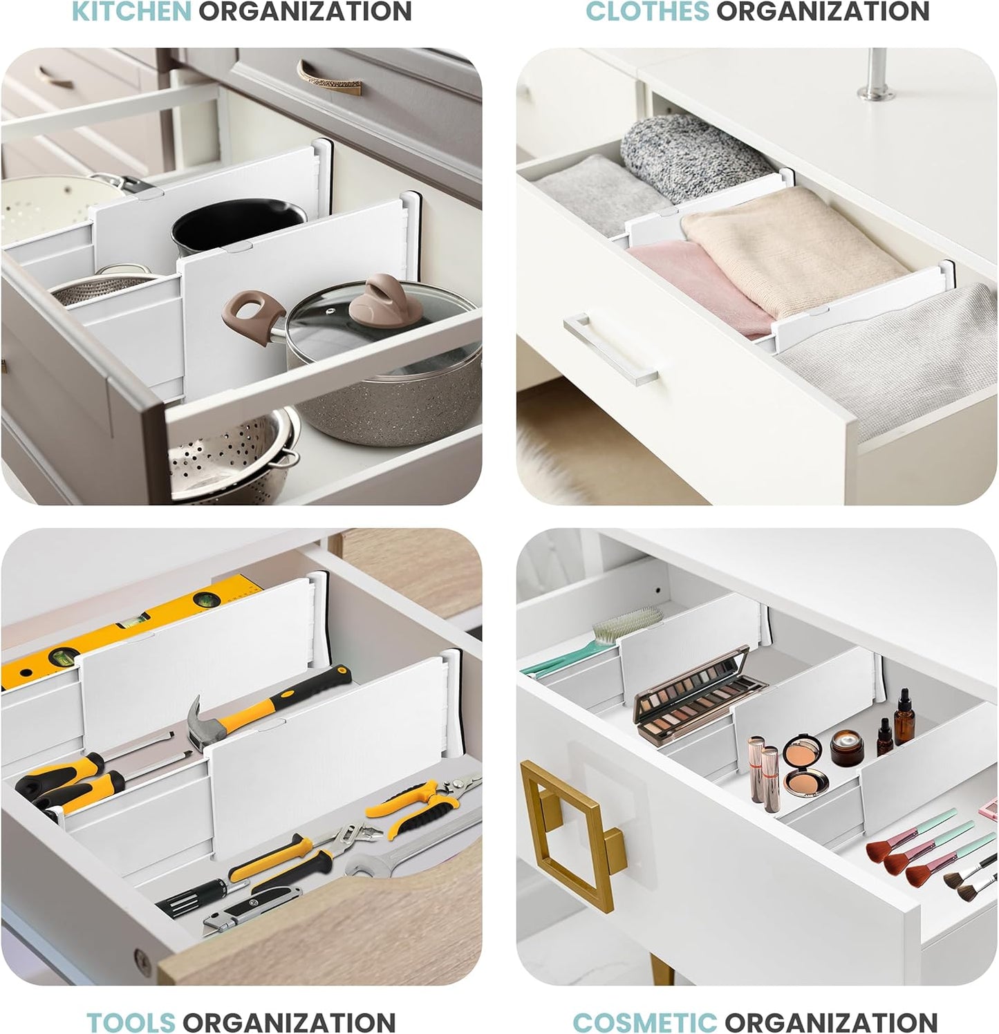 RAPTUROUS Adjustable Drawer Dividers, 8" Tall, Expandable 13.35-22", 6-Pack, Non-Slip for Deep Drawers in Kitchen, Bedroom, and Closet (White)