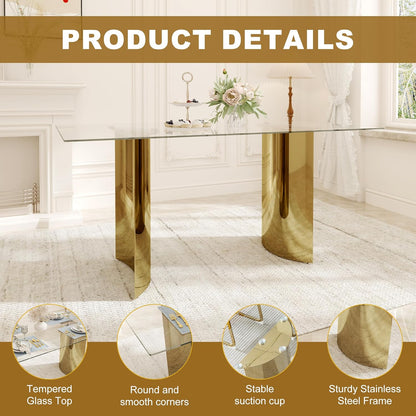 63“ Modern Dining Table, Elegant Tempered Glass Kitchen Table with Gold Stainless Steel Base, Rectangular Glass Dinner Table for Home Office, Living Room Furniture, Easy Assembly