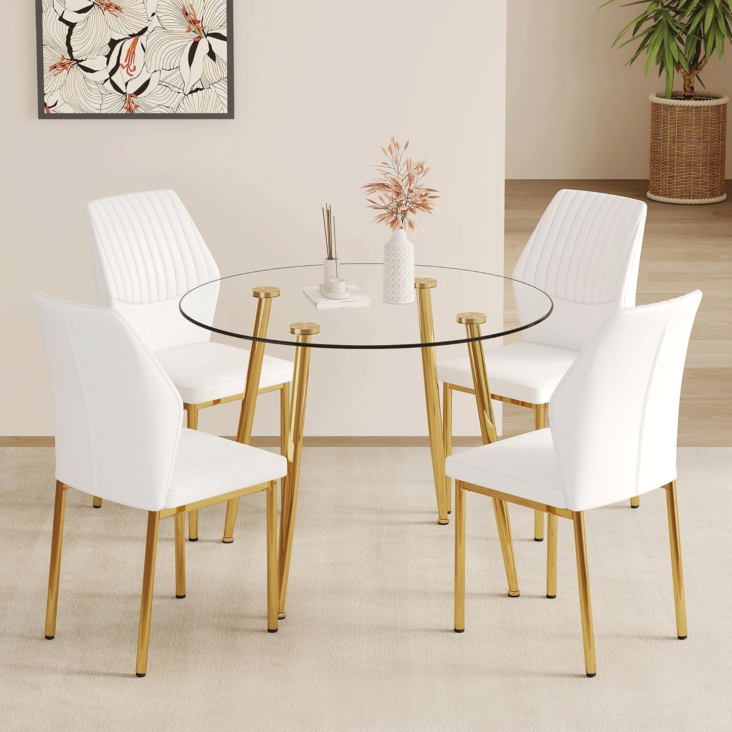 gopop Round Glass Dining Table,Modern Round Kitchen Table for 4,Gold Kitchen Table with 0.31-Inch Thick Glass Top,Small Dining Room Table for Apartment Living Room(Plating Metal Legs)