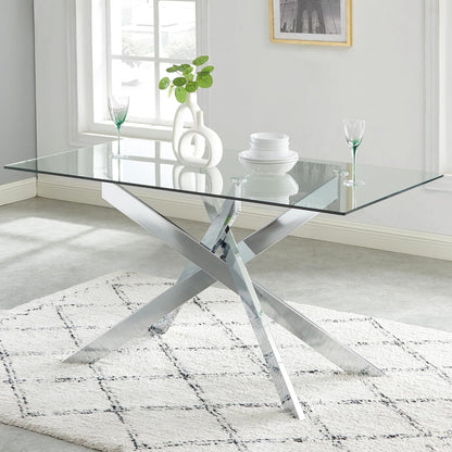 Modern Style Dining Table with Gray Tempered Glass Top and Black Metal Tubular Legs, 58.5”Lx29”Wx30”H